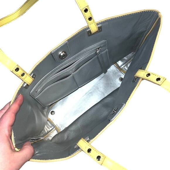 Nine West Ava Faux Leather Tote Bag Purse Floral Laser Cut Design Yellow Silver - Picture 8 of 14